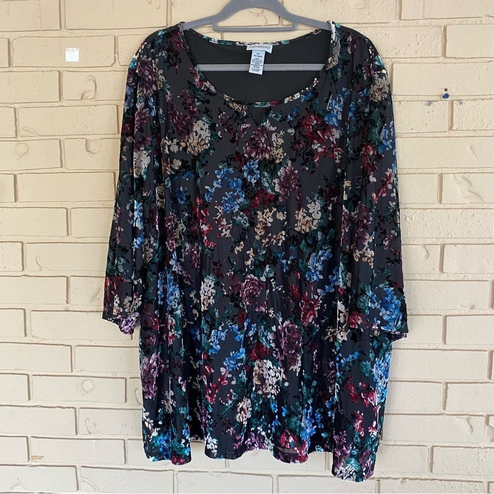 Catherines Floral Velvet Blouse Womens 5X Burnout Boho Whimsy Goth Shirt Top